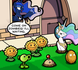 Size: 2019x1814 | Tagged: safe, artist:kingtoby19, character:princess celestia, character:princess luna, species:alicorn, species:pony, celestia is not amused, female, flower, grammar error, mare, plants vs zombies, sunflower, this will end in banishment, this will end in tears and/or a journey to the moon, unamused