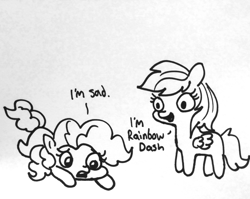 Size: 1280x1018 | Tagged: safe, artist:tjpones, character:pinkie pie, character:rainbow dash, species:earth pony, species:pegasus, species:pony, black and white, captain obvious, cute, dad joke, dashabetes, dialogue, diapinkes, duo, female, grayscale, lineart, looking down, mare, monochrome, out of character, prone, rainbow douche, rainbow dumb, sad, sadorable, simple background, traditional art, wide eyes