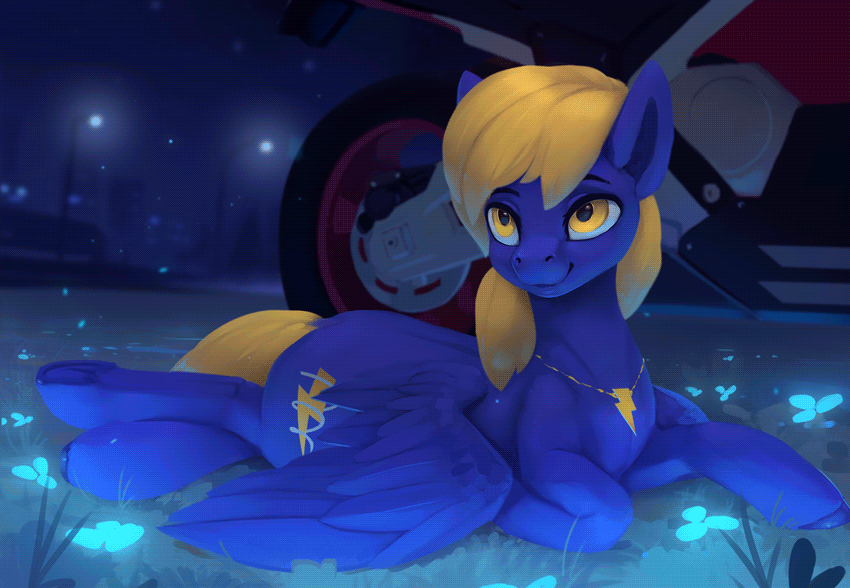 Size: 850x588 | Tagged: safe, artist:rodrigues404, oc, oc:sweetie blitz, species:pegasus, species:pony, animated, city, commission, female, gif, light, motorcycle, necklace, solo, streetlight