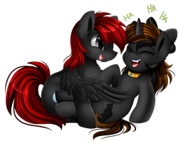 Size: 3030x2400 | Tagged: safe, artist:pridark, oc, oc only, species:pegasus, species:pony, species:unicorn, chest fluff, collar, commission, cute, eyes closed, fangs, ha, laughing, open mouth, red and black oc, simple background, tickling, transparent background