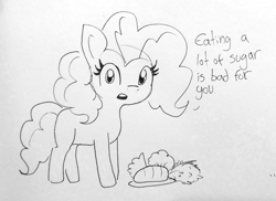 Size: 1280x931 | Tagged: safe, artist:tjpones, character:pinkie pie, species:pony, female, food, lineart, looking at you, out of character, traditional art