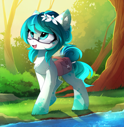 Size: 2231x2289 | Tagged: safe, artist:magnaluna, oc, oc only, oc:azurita edelstein, species:earth pony, species:pony, adorkable, cute, diabetes, dork, female, glasses, mare, open mouth, river, saddle bag, stream, tree
