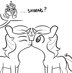 Size: 529x537 | Tagged: safe, artist:dsp2003, artist:tjpones, edit, character:princess cadance, character:queen chrysalis, character:shining armor, species:pony, species:unicorn, ship:shining chrysalis, ..., comic, disguise, disguised changeling, edited edit, female, gay, infidelity, male, mare, monochrome, prank, self ponidox, selfcest, shipping, simple background, white background