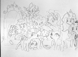 Size: 1280x944 | Tagged: safe, artist:tjpones, character:applejack, character:fluttershy, character:pinkie pie, character:princess celestia, character:princess luna, character:rainbow dash, character:rarity, character:spike, character:starlight glimmer, character:sunset shimmer, character:twilight sparkle, character:twilight sparkle (alicorn), species:alicorn, species:dragon, species:earth pony, species:pegasus, species:pony, species:unicorn, equestria girls:equestria girls, g4, my little pony:equestria girls, black and white, cute, ear fluff, eyes closed, female, grayscale, levitation, lineart, magic, magic mirror, mane seven, mane six, mare, mirror, monochrome, self-levitation, simple background, telekinesis, tjpones is trying to murder us, traditional art, winged spike