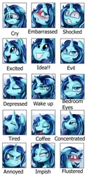 Size: 629x1269 | Tagged: safe, artist:pridark, oc, oc only, oc:urban wave, annoyed, bedroom eyes, coffee, concentrating, crying, depressed, embarrassed, evil, evil grin, excited, expressions, flustered, grin, idea, shock, shocked, shocked expression, smiling, tired, wake up