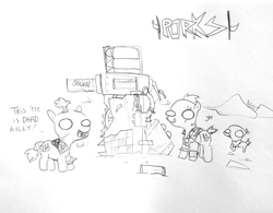 Size: 1280x997 | Tagged: safe, artist:tjpones, species:pony, armor, dialogue, ear piercing, earring, eye scar, jewelry, lineart, monochrome, ork, piercing, ponified, scar, simple background, spiked wristband, traditional art, turret, warhammer (game), warhammer 40k, wristband