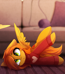 Size: 1101x1252 | Tagged: safe, artist:magnaluna, oc, oc only, oc:camber, species:pegasus, species:pony, behaving like a cat, clothing, couch, cute, fainting goat, female, heart, mare, ocbetes, scrunchy face, silly, silly pony, solo focus, sweater, yarn, ych result