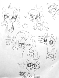 Size: 1280x1691 | Tagged: safe, artist:tjpones, character:applejack, character:fluttershy, character:princess luna, character:twilight sparkle, oc, oc:tjpones, species:alicorn, species:changeling, species:earth pony, species:pegasus, species:pony, species:reformed changeling, angry, apple, appul, black and white, blep, buggo, cute, ear fluff, female, fluttershy is not amused, food, grayscale, jackabetes, lineart, majestic as fuck, male, mare, monochrome, ork, silly, stallion, this is fine, tongue out, traditional art, unamused, warhammer (game), warhammer 40k