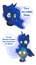 Size: 7631x13559 | Tagged: safe, artist:adequality, artist:tjpones, character:princess luna, species:alicorn, species:pony, abstract background, absurd file size, absurd resolution, blatant lies, bust, comic, dialogue, female, flirt, flirting, floppy ears, guard, guardluna, male, mare, night guard, royal guard, speech bubble, stallion, subtle as a train wreck