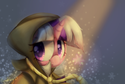 Size: 1778x1200 | Tagged: safe, artist:fluorbaryt, character:clover the clever, species:pony, species:unicorn, g1, cloak, clothing, crepuscular rays, female, g1 to g4, generation leap, mare, snow, snowflake, solo