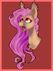 Size: 774x1032 | Tagged: safe, artist:immagoddampony, artist:sketchykohaidraws, character:flutterbat, character:fluttershy, species:bat pony, species:pony, abstract background, bust, fangs, female, looking up, mare, open collaboration, open mouth, race swap, solo, tongue out