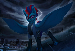 Size: 1100x746 | Tagged: safe, artist:rodrigues404, oc, oc:andrew swiftwing, species:pegasus, species:pony, city, cloud, discharge, electricity, lightning, male, mask, pose, rain, skyline, solo, spread wings, stallion, storm, superhero, wings