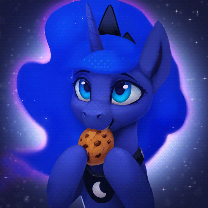 Size: 700x700 | Tagged: safe, artist:rodrigues404, character:princess luna, species:alicorn, species:pony, g4, animated, blinking, cookie, crown, cute, eyebrows, female, food, hoof hold, jewelry, lunabetes, mare, necklace, peytral, regalia, solo, sparkles, three quarter view