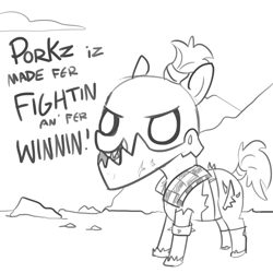 Size: 1280x1280 | Tagged: safe, artist:tjpones, species:earth pony, species:pony, armor, dat's orky, dialogue, grayscale, hogz, iron gob, lineart, monochrome, ork, ponified, simple background, solo, waaagh!, warhammer (game), warhammer 40k, white background