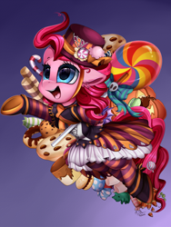 Size: 2370x3160 | Tagged: safe, artist:pridark, character:pinkie pie, species:earth pony, species:pony, candy, clothing, costume, female, food, halloween, holiday, mare, smiling, socks, solo, striped socks