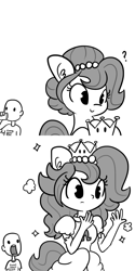 Size: 720x1440 | Tagged: safe, artist:tjpones, oc, oc only, oc:brownie bun, oc:richard, species:earth pony, species:human, species:pony, horse wife, bowsette, clothing, comic, crown, dress, ear fluff, eared humanization, female, grayscale, hoof hold, human male, humanized, jewelry, male, mare, meme, monochrome, new super mario bros. u deluxe, princess, question mark, regalia, simple background, super crown, tailed humanization, transformation, white background, xk-class end-of-the-kitchen scenario