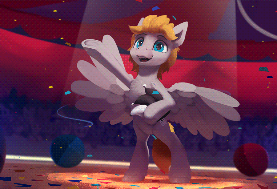 Size: 900x614 | Tagged: safe, artist:rodrigues404, oc, oc only, oc:jumping jack, species:pegasus, species:pony, animated, bipedal, chest fluff, cinemagraph, circus, clothing, confetti, hat, jester hat, male, raised hoof, smiling, solo, spread wings, stallion, underhoof, wings