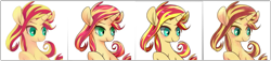 Size: 1361x308 | Tagged: source needed, safe, artist:phyllismi, character:sunset shimmer, species:pony, species:unicorn, blushing, bust, comparison, female, happy, mare, raised eyebrow, raised hoof, simple background, smiling, solo, white background