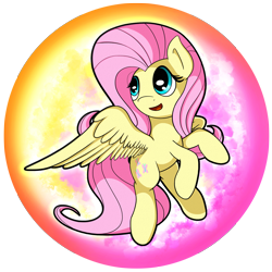 Size: 2539x2539 | Tagged: safe, artist:flamevulture17, character:fluttershy, species:pegasus, species:pony, female, head turn, high res, looking away, mare, open mouth, orb, smiling, solo, spread wings, wings