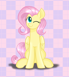 Size: 1280x1423 | Tagged: safe, artist:chautung, character:fluttershy, species:pegasus, species:pony, cute, female, folded wings, looking at you, mare, one eye closed, shyabetes, sitting, smiling, solo, wings, wink