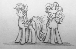 Size: 1280x828 | Tagged: safe, artist:chautung, character:pinkie pie, character:rainbow dash, species:earth pony, species:pegasus, species:pony, ship:pinkiedash, cute, diapinkes, eyes closed, female, lesbian, mare, pencil drawing, shipping, smiling, traditional art