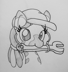 Size: 1280x1346 | Tagged: safe, artist:tjpones, oc, oc only, oc:carjack, species:zebra, bust, clothing, ear piercing, female, grayscale, hat, lineart, monochrome, mouth hold, piercing, portrait, simple background, solo, traditional art, white background, wrench, zebra oc