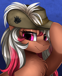 Size: 1446x1764 | Tagged: safe, artist:pridark, oc, oc:lamington, species:earth pony, species:pony, australian, bust, chest fluff, clothing, commission, female, hat, mare, military uniform, portrait, slouch hat, solo