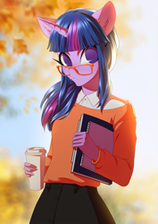 Size: 905x1280 | Tagged: safe, artist:glorious-rarien, character:twilight sparkle, species:anthro, adorkable, autumn, button-up shirt, clothing, cute, dork, female, glasses, horn, looking at you, notebook, skirt, tree