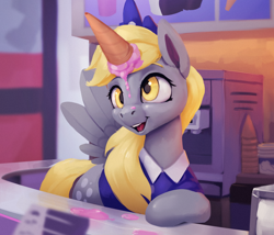 Size: 1200x1026 | Tagged: safe, artist:rodrigues404, character:derpy hooves, species:pegasus, species:pony, g4, clothing, dropped ice cream, fake horn, female, food, ice cream, ice cream cone, ice cream horn, jewelry, mare, shirt, solo, tiara