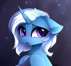 Size: 1280x1201 | Tagged: safe, artist:magnaluna, character:trixie, species:pony, species:unicorn, bust, cheek fluff, chest fluff, clothing, crying, cute, diatrixes, ear fluff, female, floppy ears, fluffy, hat, holding, horn, looking at you, mare, night, open mouth, sad, sadorable, solo, starry night, tearjerker, trixie's hat, white mane