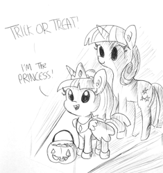 Size: 1280x1363 | Tagged: safe, artist:tjpones, character:twilight sparkle, character:twilight velvet, species:pony, species:unicorn, inktober, alicorn costume, clothing, costume, cute, dawwww, fake wings, female, filly, gap teeth, halloween, holiday, hoof shoes, horn, lineart, mare, mother and daughter, nightmare night, pumpkin bucket, speech, tooth gap, trick or treat, twiabetes, wings