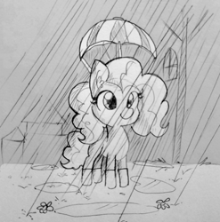 Size: 1240x1255 | Tagged: safe, artist:tjpones, character:pinkie pie, species:earth pony, species:pony, inktober, black and white, clothing, cute, diapinkes, ear fluff, female, filly, filly pinkie pie, flower, grayscale, hat, inktober 2018, monochrome, puddle, rain, smiling, solo, standing, traditional art, umbrella, umbrella hat, younger