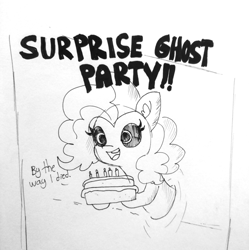 Size: 1280x1283 | Tagged: safe, artist:tjpones, character:pinkie pie, species:earth pony, species:pony, inktober, black sclera, cake, dialogue, ear fluff, female, food, ghost, ghost pony, hoof hold, inktober 2018, mare, solo, surprise party, through wall