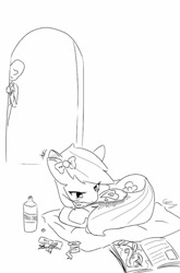 Size: 528x800 | Tagged: safe, artist:grim ponka, character:rainbow dash, oc, oc:anon, species:human, species:pegasus, species:pony, bow, brushing, door, duo, girly, magazine, monochrome, mouth hold, sketch