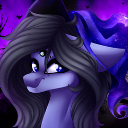 Size: 2000x2000 | Tagged: safe, artist:immagoddampony, oc, oc:eigii, species:pony, bust, clothing, female, hat, mare, portrait, solo, witch hat