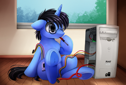 Size: 2516x1689 | Tagged: safe, artist:pridark, oc, oc only, oc:tinker doo, species:pony, species:unicorn, commission, computer, cords, cute, frog (hoof), glasses, hard drive, male, mouth hold, one eye closed, screwdriver, solo, underhoof, window