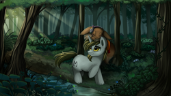 Size: 2920x1642 | Tagged: safe, artist:pridark, oc, oc only, species:pony, species:unicorn, commission, crepuscular rays, crossover, eevee, eyes closed, forest, pokémon, raised hoof, scenery, sleeping, yellow eyes