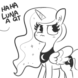 Size: 1280x1280 | Tagged: safe, artist:tjpones, character:princess luna, species:alicorn, species:pony, 3:, blushing, cute, dialogue, ear fluff, female, glare, i'm not cute, lineart, looking away, lunabetes, mare, monochrome, offscreen character, qt, simple background, solo, tsundere, tsunderuna, white background