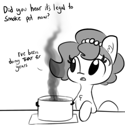 Size: 1280x1280 | Tagged: safe, artist:tjpones, oc, oc only, oc:brownie bun, species:earth pony, species:pony, horse wife, chest fluff, dialogue, ear fluff, female, grayscale, implied marijuana, mare, monochrome, offscreen character, pot, pun, simple background, smoke, solo, white background