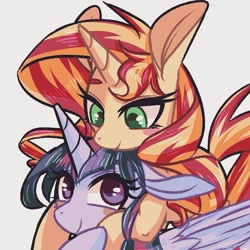 Size: 789x789 | Tagged: safe, alternate version, artist:phyllismi, character:sunset shimmer, character:twilight sparkle, character:twilight sparkle (alicorn), species:alicorn, species:pony, species:unicorn, ship:sunsetsparkle, blush sticker, blushing, close-up, female, hug, instagram, lesbian, looking at each other, shipping
