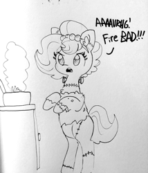 Size: 1280x1494 | Tagged: safe, artist:tjpones, oc, oc only, oc:brownie bun, species:earth pony, species:pony, bipedal, female, fire, frankenstein's monster, lineart, mare, sketch, solo, traditional art