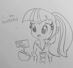 Size: 1227x1138 | Tagged: safe, artist:tjpones, character:sonata dusk, equestria girls:rainbow rocks, g4, my little pony:equestria girls, clothing, dialogue, female, food, lineart, monochrome, ponytail, shirt, simple background, sketch, solo, sonataco, taco, that girl sure loves tacos, traditional art