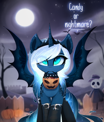 Size: 1024x1206 | Tagged: safe, artist:magnaluna, character:princess luna, species:alicorn, species:bat pony, species:pony, alternate hairstyle, bat pony alicorn, choker, clothing, crown, cute, dialogue, female, full moon, goth, gothic, halloween, holiday, jewelry, lunabetes, mare, moon, mouth hold, night, night sky, pumpkin bucket, regalia, sky, socks, solo, spiked choker, spread wings, stars, trick or treat, wings