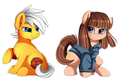 Size: 2600x1675 | Tagged: safe, artist:pridark, oc, oc only, oc:rise, oc:starcross, species:earth pony, species:pony, arm warmers, clothing, commission, duo, headband, jacket, looking at each other, raised hoof, simple background, sitting, smiling, smirk, transparent background