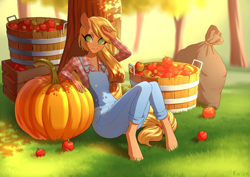 Size: 1280x905 | Tagged: safe, artist:glorious-rarien, character:applejack, species:anthro, species:earth pony, species:pony, species:unguligrade anthro, apple, apple tree, bag, barehoof, basket, bushel basket, clothing, crate, dappled sunlight, ear fluff, female, food, freckles, hair tie, hand on head, jumper, mare, missing accessory, overalls, plaid shirt, pumpkin, resting, sack, shirt, sitting, smiling, solo, sweet apple acres, tree