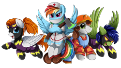 Size: 2915x1640 | Tagged: safe, artist:pridark, character:rainbow dash, oc, oc:dreamer, oc:glyde, oc:sky chase, species:earth pony, species:pegasus, species:pony, axe, bob the builder, brother and sister, clothing, commission, construction pony, costume, female, goggles, halloween, holiday, male, nightmare night, nurse, one eye closed, open mouth, rainmer, shadowbolts costume, simple background, transparent background, weapon, wink