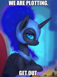 Size: 1080x1456 | Tagged: safe, artist:rodrigues404, edit, editor:apex soundwave, character:nightmare moon, character:princess luna, species:alicorn, species:pony, armor, caption, cute, female, image macro, impact font, looking at you, mare, plotting, scowl, solo, text