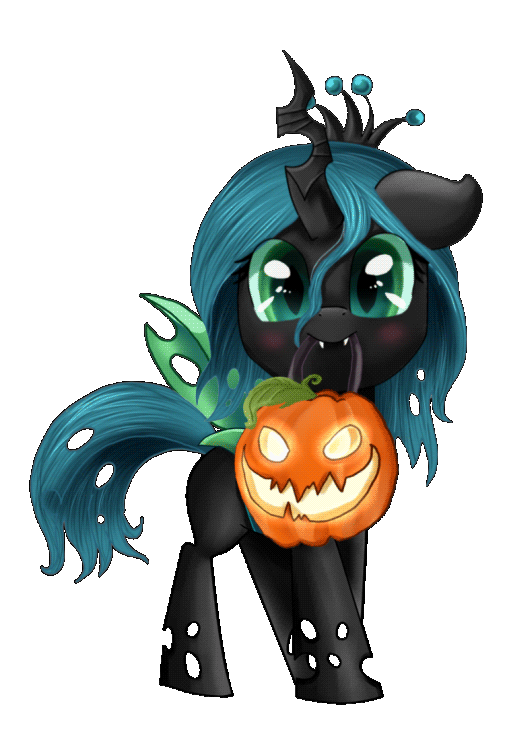 Size: 505x740 | Tagged: safe, artist:pridark, artist:szafir87, character:queen chrysalis, species:changeling, animated, blushing, changeling queen, cute, cutealis, eye shimmer, female, gif, halloween, holiday, jack-o-lantern, looking at you, mouth hold, pumpkin, simple background, solo, transparent background