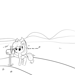 Size: 1280x1280 | Tagged: safe, artist:tjpones, character:applejack, species:earth pony, species:pony, applejack's hat, clothing, cowboy hat, female, grayscale, hat, hill, humming, mailbox, mare, monochrome, road, solo, stetson, text