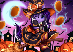 Size: 3509x2500 | Tagged: safe, artist:pridark, oc, oc only, oc:scarlet melody, species:pony, broom, clothing, commission, crescent moon, female, flying, flying broomstick, food, halloween, holiday, jack-o-lantern, mare, moon, night, nightmare night, one eye closed, pancakes, pumpkin, smiling, socks, solo, stars, striped socks, town, wink, witch